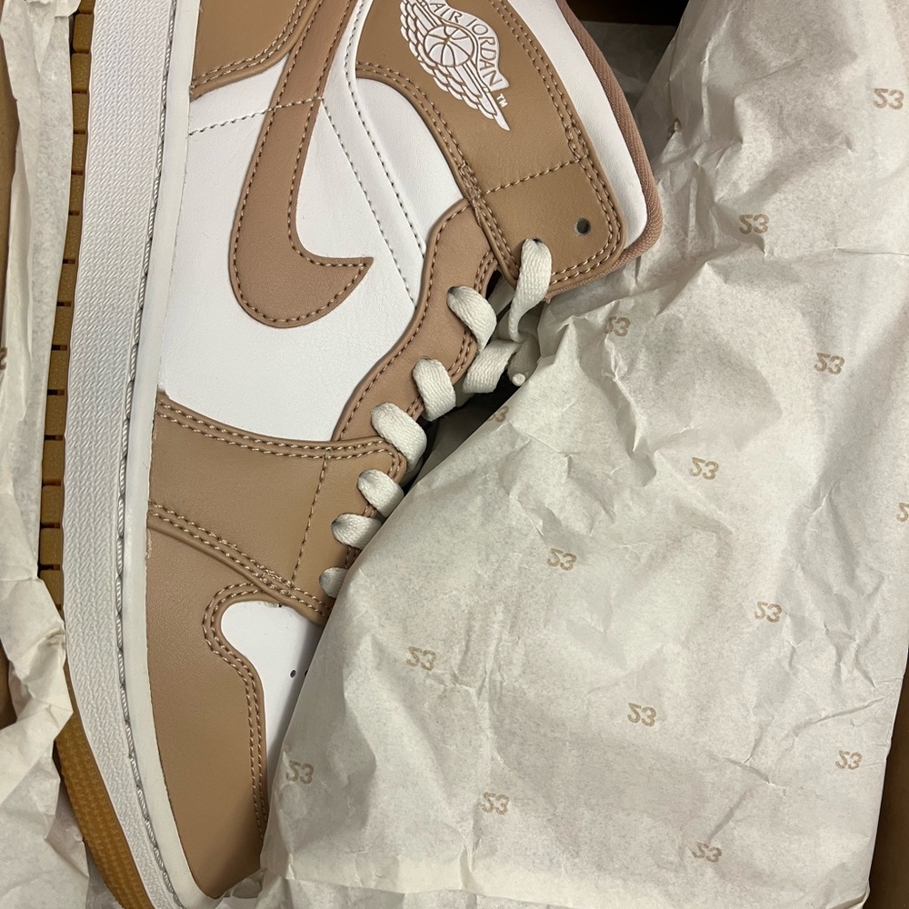 Nike Air Jordan 1 Mid Tan and White Sneakers